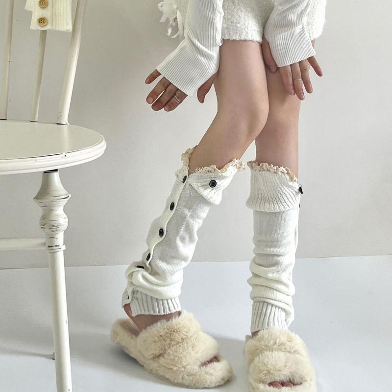 Womens Knitting Button Down Lace Trim Knee High Leg Warmers Winter Autumn Warm Foot Covers Knee High Long Socks