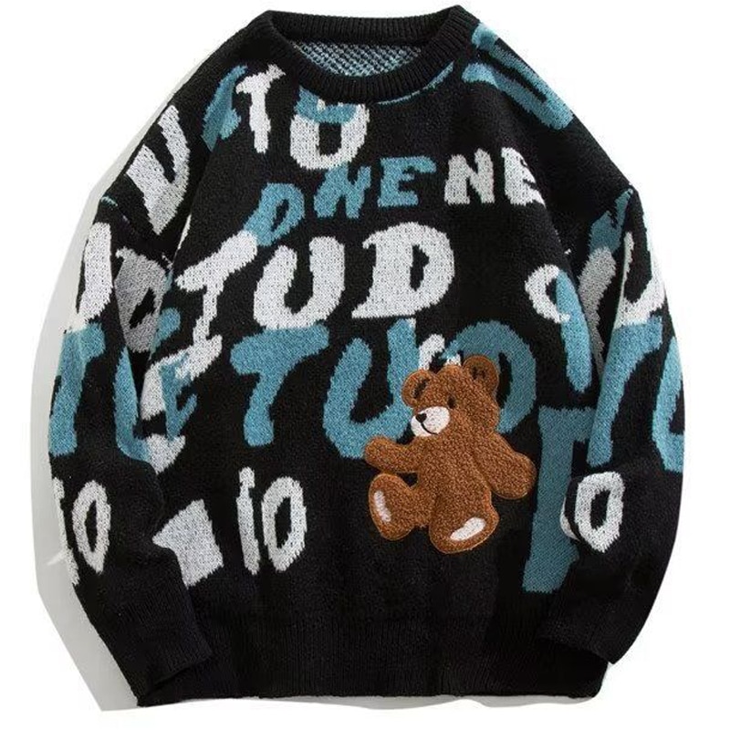 Aesthetic Sweater Kawaii Bear Alphabet Fashion Y2k Harajuku Women Pulovers Oversize Long Sleeve O-neck Vintage Winter Streetwear