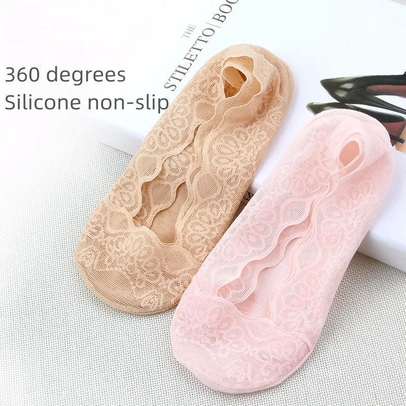 5 pairs of summer lace boat socks women's non-slip silicone cotton breathable socks women's socks cover invisible sock