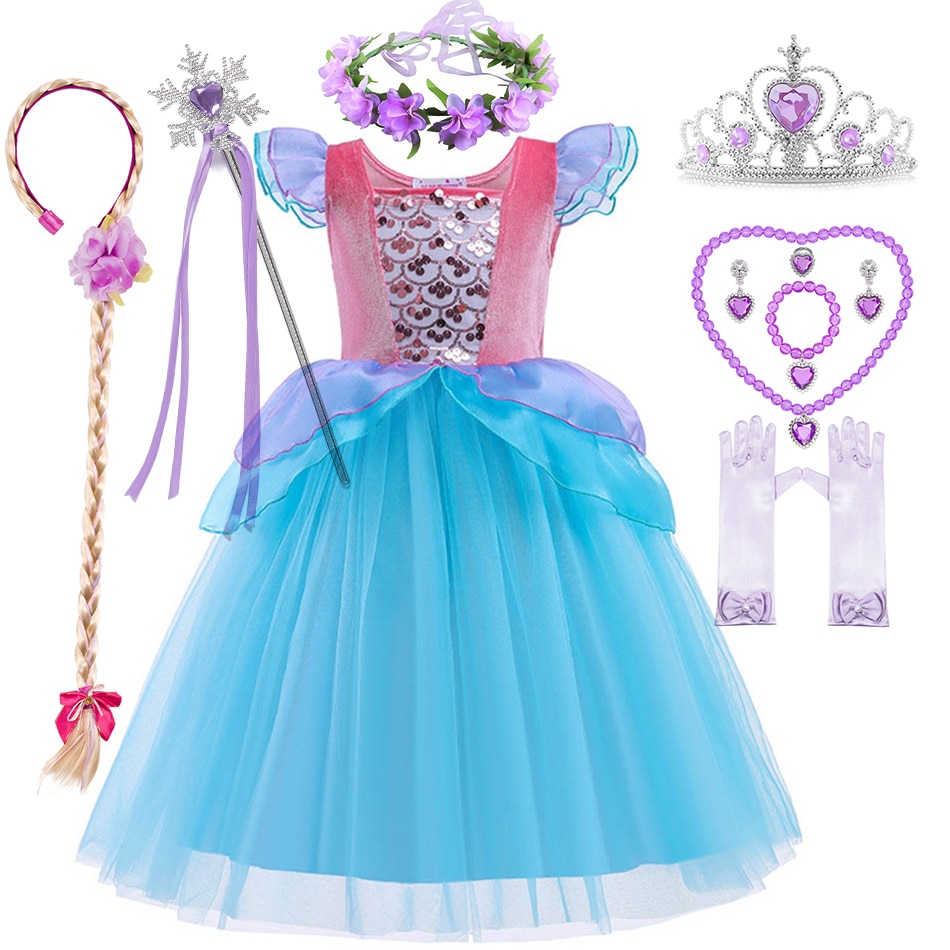 Mermaid Ariel Princess Dress For Girl Sequin Ruffle Tutu Flying Sleeve Gradient Pink Tulle Gown Children Birthday Surprise Gift