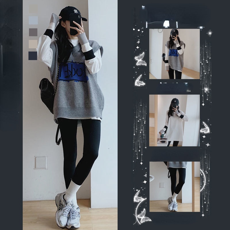 Spring and Autumn New Girls Ins Layered Vest + White Long Sleeves + Shark Pants Women's Three Piece Set
