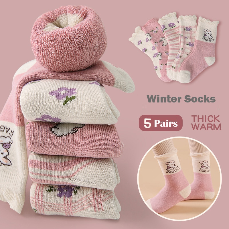 MianS Girls Winter Socks Kids Colorful Quarter Cotton Socks Snow Sport Cartoon Socks Bears for Boys Autumn Wear 5 Packs