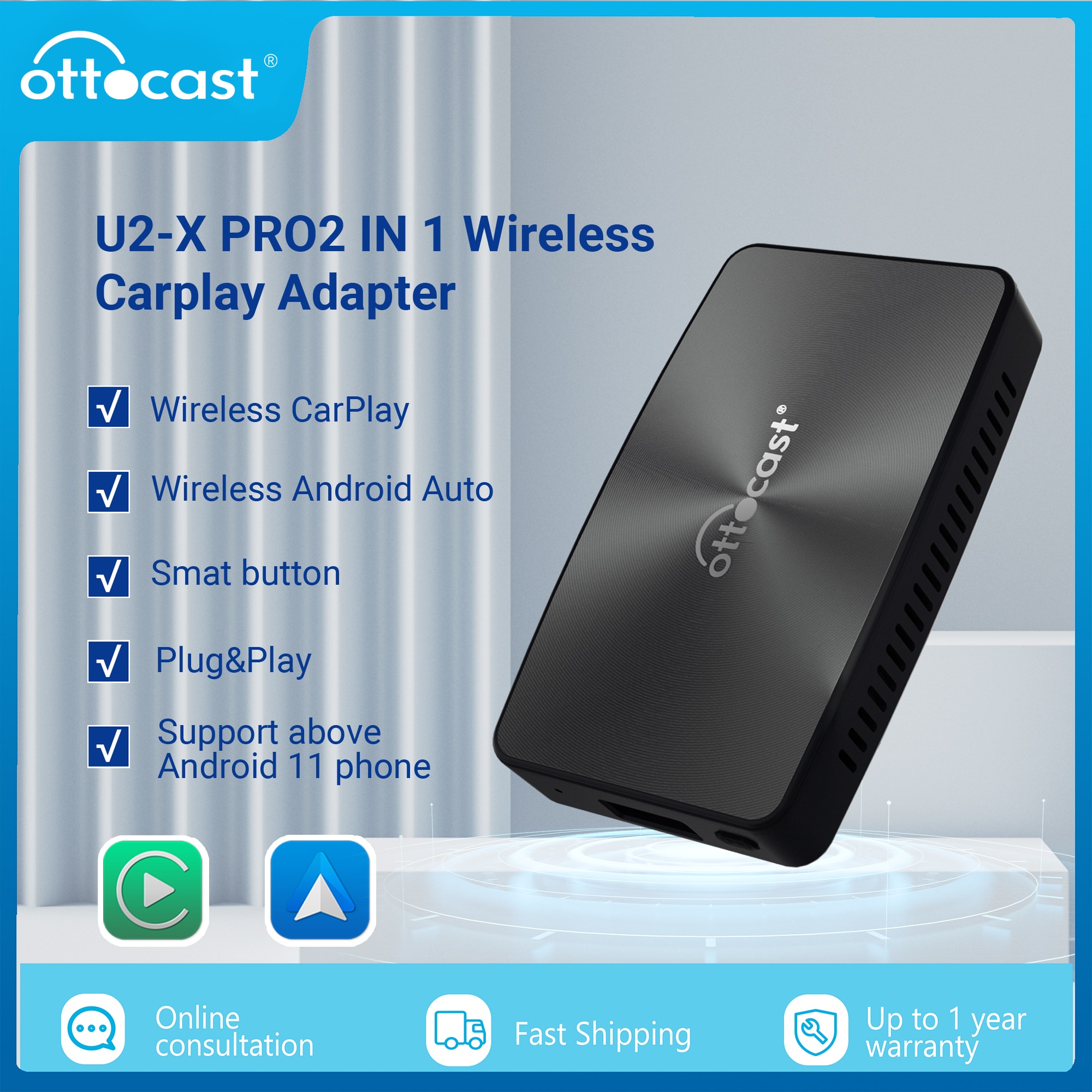 OTTOCAST U2 X PRO Wireless CarPlay Android Auto Adapter Carplay Multimedia Player Box Car Accessories for Audi Benz Toyota KIA