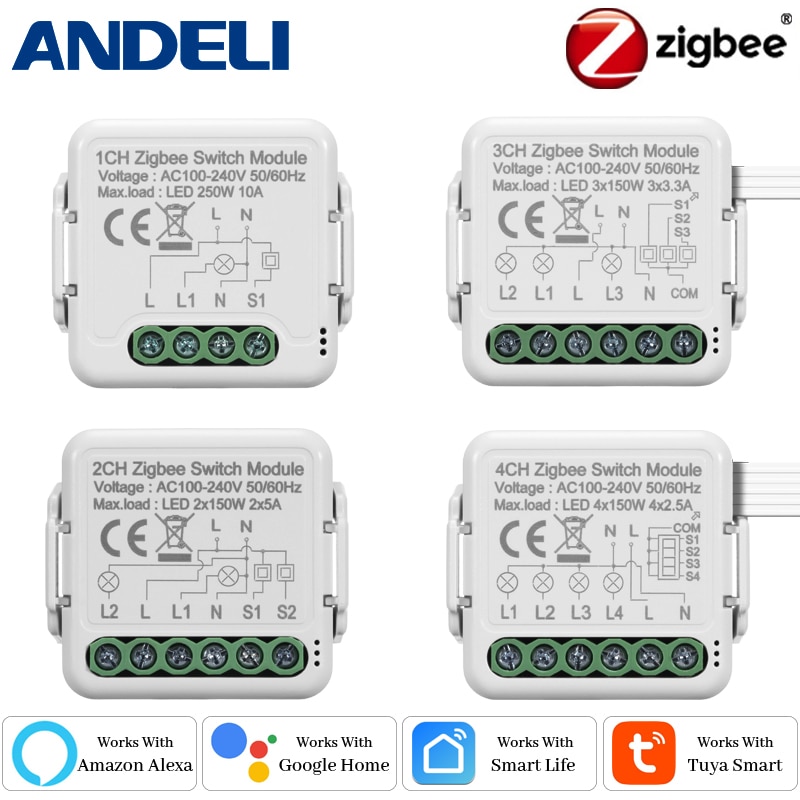 ANDELI Zigbee Smart Light Switch Module 1/2/3/4Gang Automation Tuya/Smartlife APP Remote Control Work with Google Home Alexa