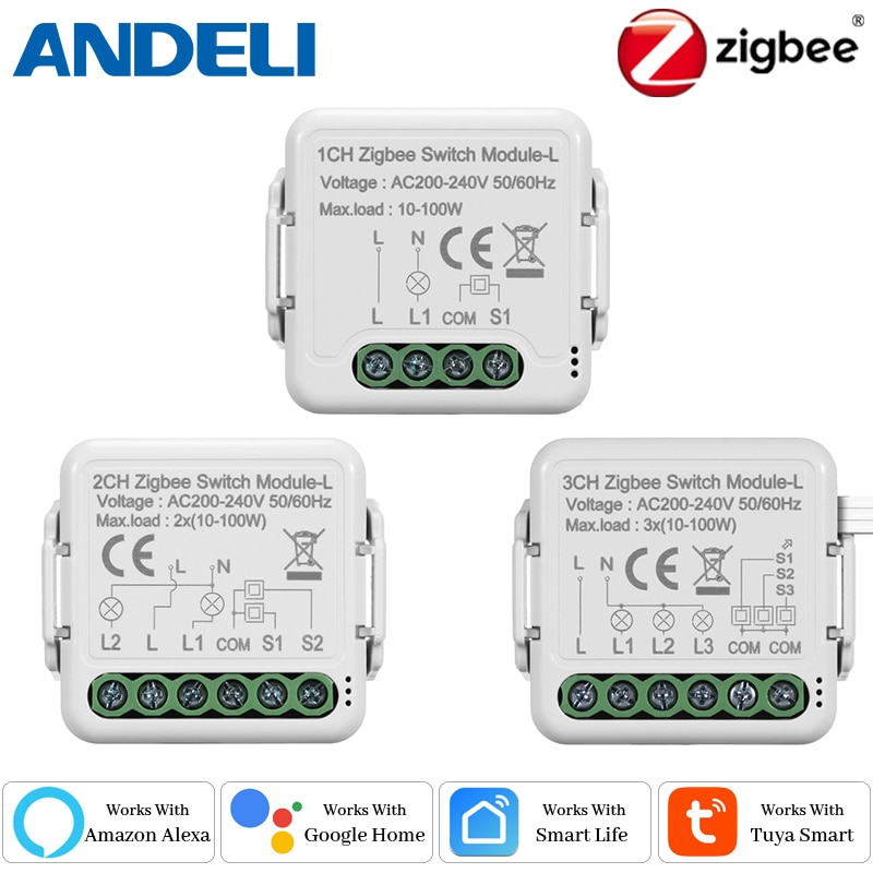 ANDELI Zigbee Smart Light Switch Module-L 1/2/3/4Gang Automation Tuya/Smartlife APP Remote Control Work with Google Home Alexa