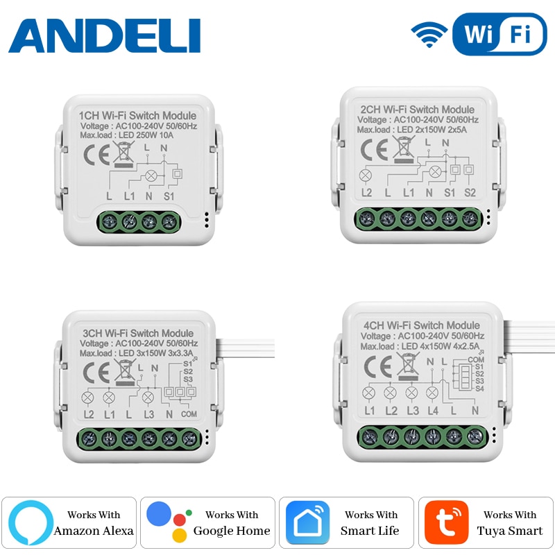 ANDELI DIY WiFi Mini Smart Light Switch 10A Two Way Control Tuya/Smartlife APP Remote Control Work with Alexa and Google Home