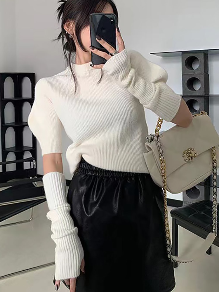 Taruxy White Sweaters Women Pullover 2022 Autumn Puff Sleeve Slim Sweaters High Street Jumper Mujer Tops Sweater Korean Style