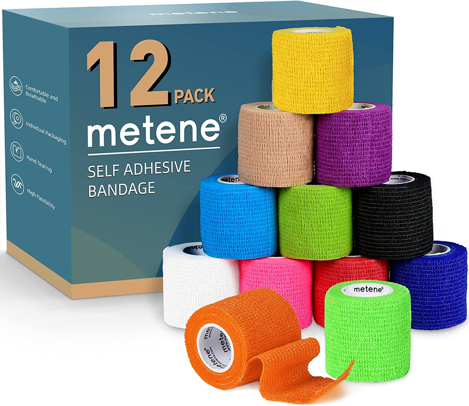 Metene Self Adhesive Bandage Wrap 12 Pack,Athletic Tape 2 Inches X 5 Yards,Sports Tape, Breathable,Waterproof (Rainbow)