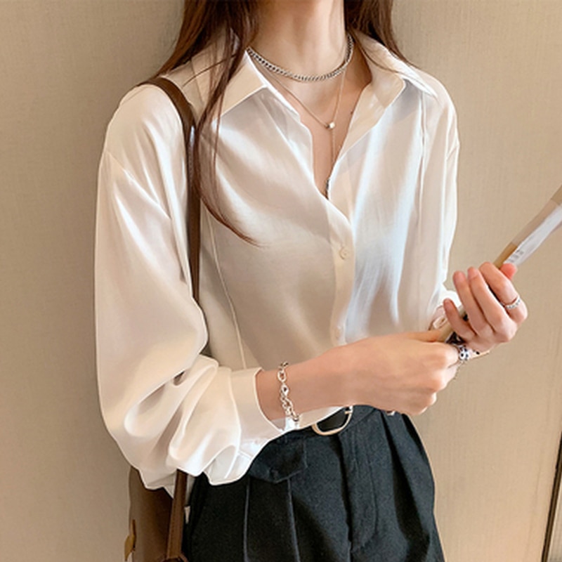 Silk Shirts Women White Shirt Women Long Sleeve Shirts Blouse Office Lady Satin Silk Blouse Tops Plus Size Woman Basic Shirt Top