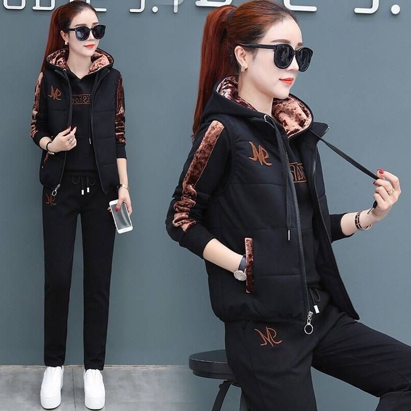 Women's Casual Sweat Suit 2022 Autumn Winter New Fashion Plush Thickened Hooded Tops Waistcoat Pants 3 Three Piece Set For 