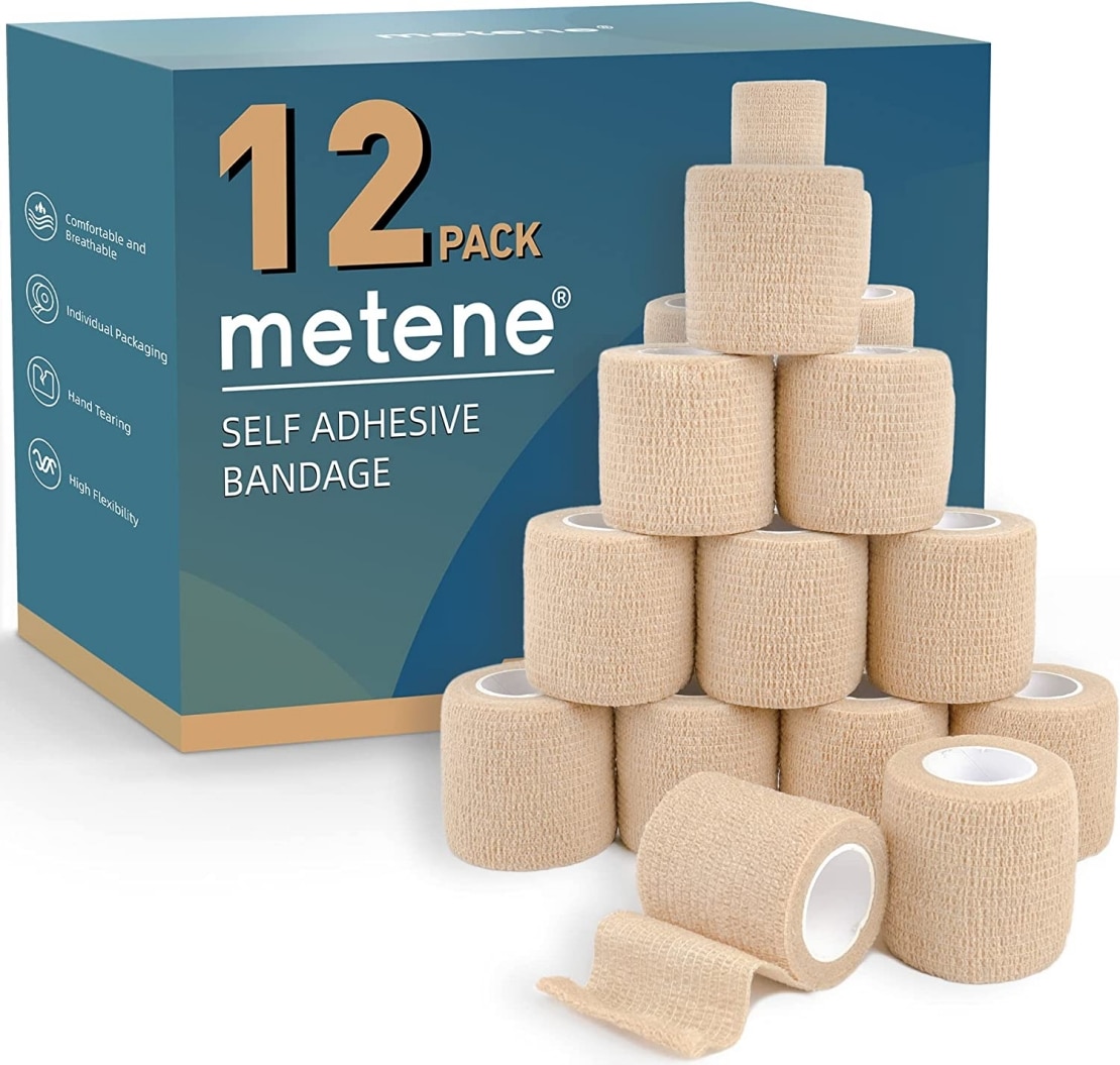 Metene Self Adhesive Bandage Wrap 12 Pack,Athletic Tape 2 Inches X 5 Yards,Sports Tape, Breathable,Waterproof Elastic Bandage