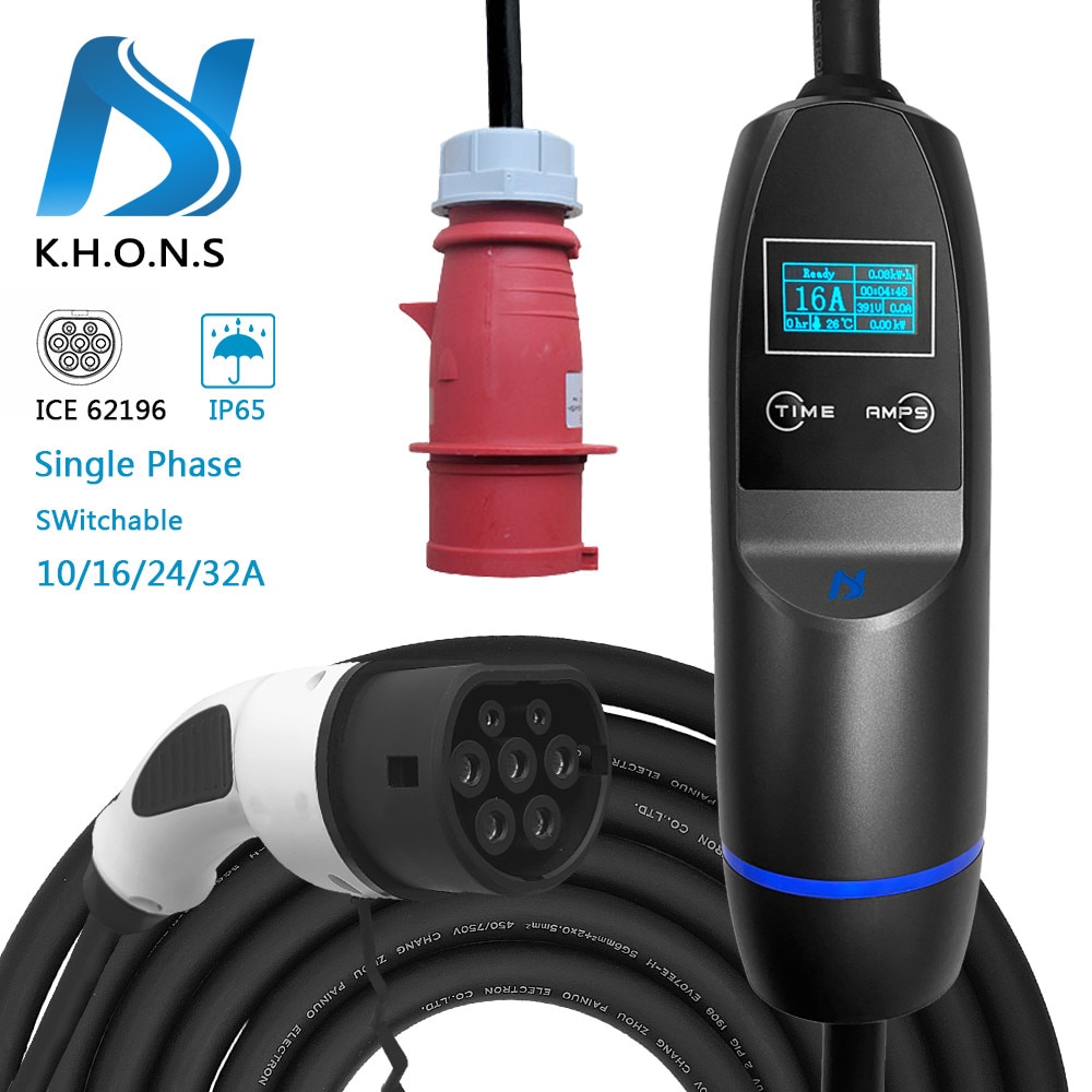 K.H.O.N.S Type 2 32A 22KW 3Phase IEC 62196 EV Charging Cable Portable Current Adjustable Can Be Used In Charging Station Red CEE