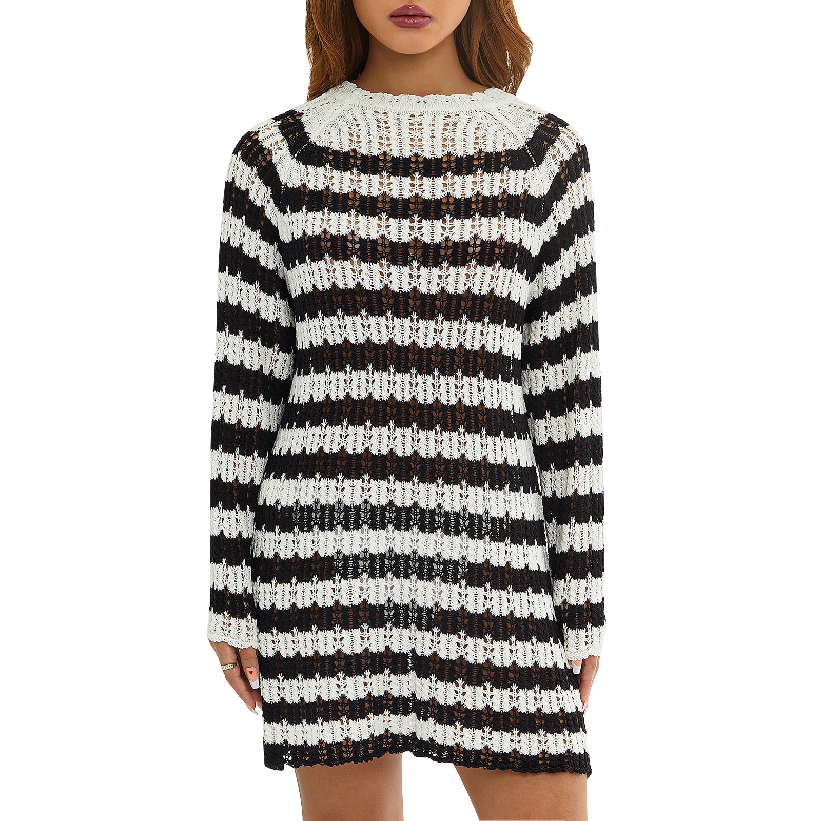Women Fashion Trend personality Knit Dress, Long Sleeve Crew Neck Striped Loose Mini Dress for Casual Daily