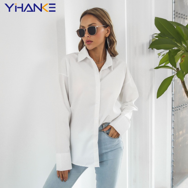 Women's Oversized Shirt Polyester Cotton Shirt Elegant Autumn Black Basic Top Collar Long Sleeve Beautiful Shirt Retro Shir