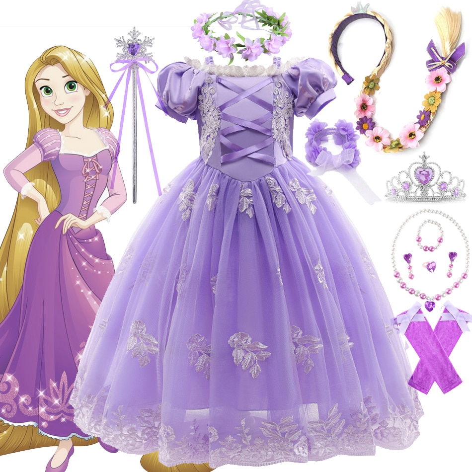 Tangled Rapunzel Dress For Girl Luxury Embroidery Lace Purple Gown Disney Princess Cosplay Carnival Costume Fantasy Fairy Outfit