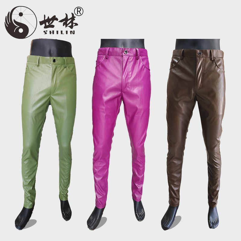2022 Men's Autumn New Leather Pants Brown PU Casual Tappered Motorcycle Handsome Leather Pants