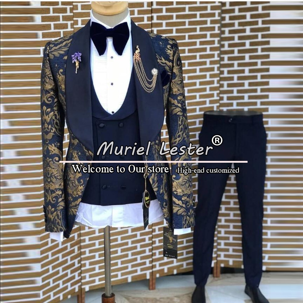 Vintage Wedding Suits Slim Fit Grooms Men Tuxedo Custom Made Navy Blue Wide Lapel Jacquard Floral Blazer+Vest+Trousers 3 Pieces