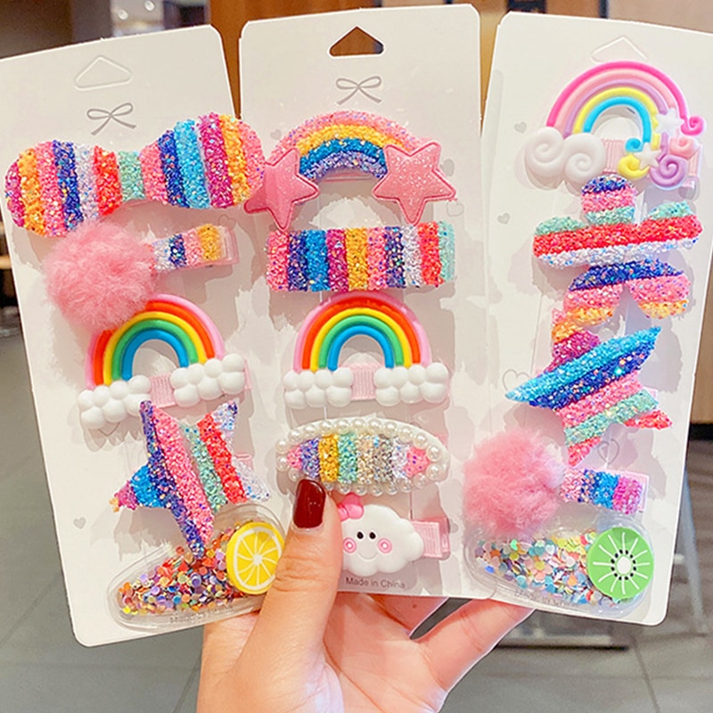 5pcs/Set New Girls Cute Rainbow Star Flower Hairpins Sweet Hair Ornament Headband Hair Clips Barrette Fashion Hair Accessories