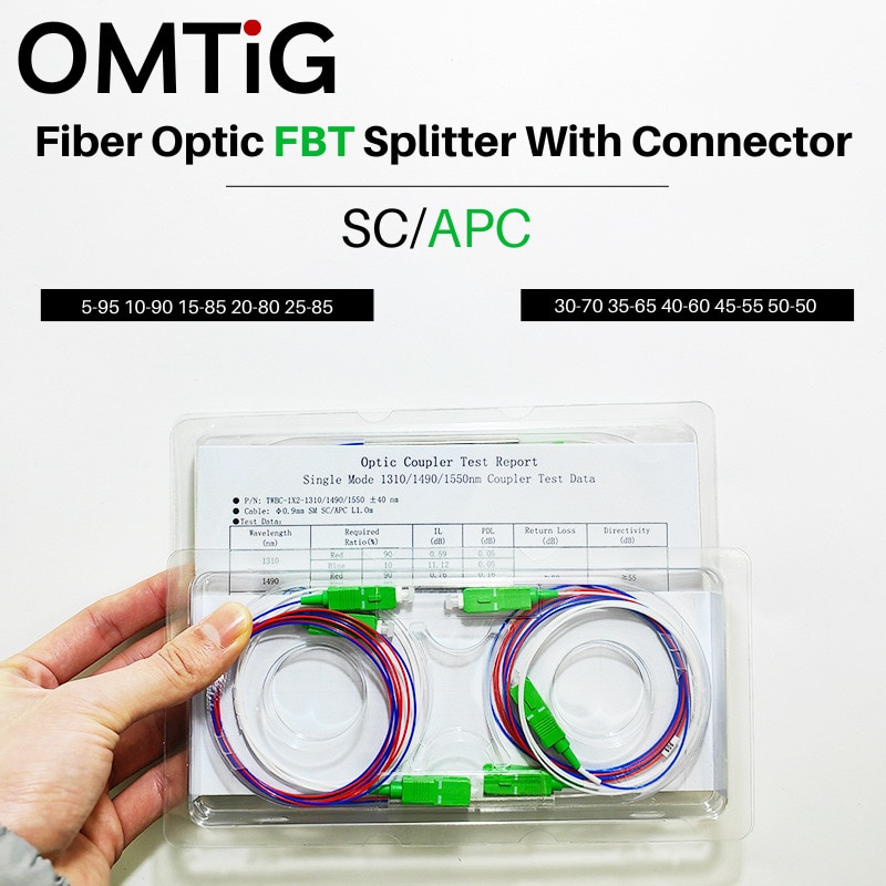 10pcs 1/99 10/90 20/80 30/70 40/60 50/50 35/65 25/75 15/85 Fiber Splitter, 1x2 FBT Splitter with SC/APC Connector
