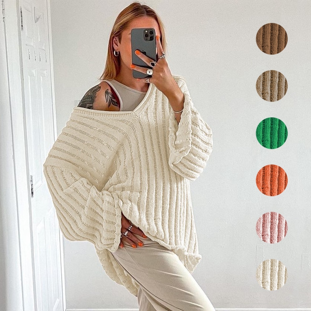 Women's Sweater V-neck Long Sleeve Knitted Sweaters Women 2022 Autumn Winter Long Loose Pullover Tops Female Y2K Clothes Ou