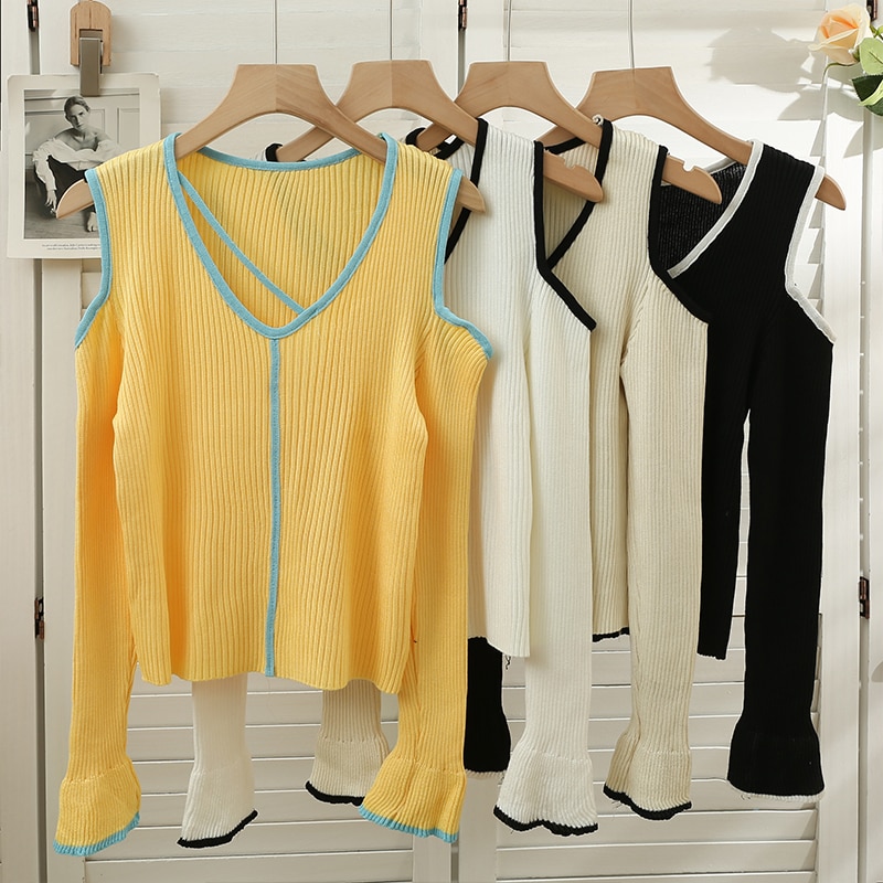 Hikigawa Chic Fashion Women Early Autumn Striped Slim Fit Deep Neck Sweater Sexy Off Shoulder Thin Knitted Pullover Top Mujer