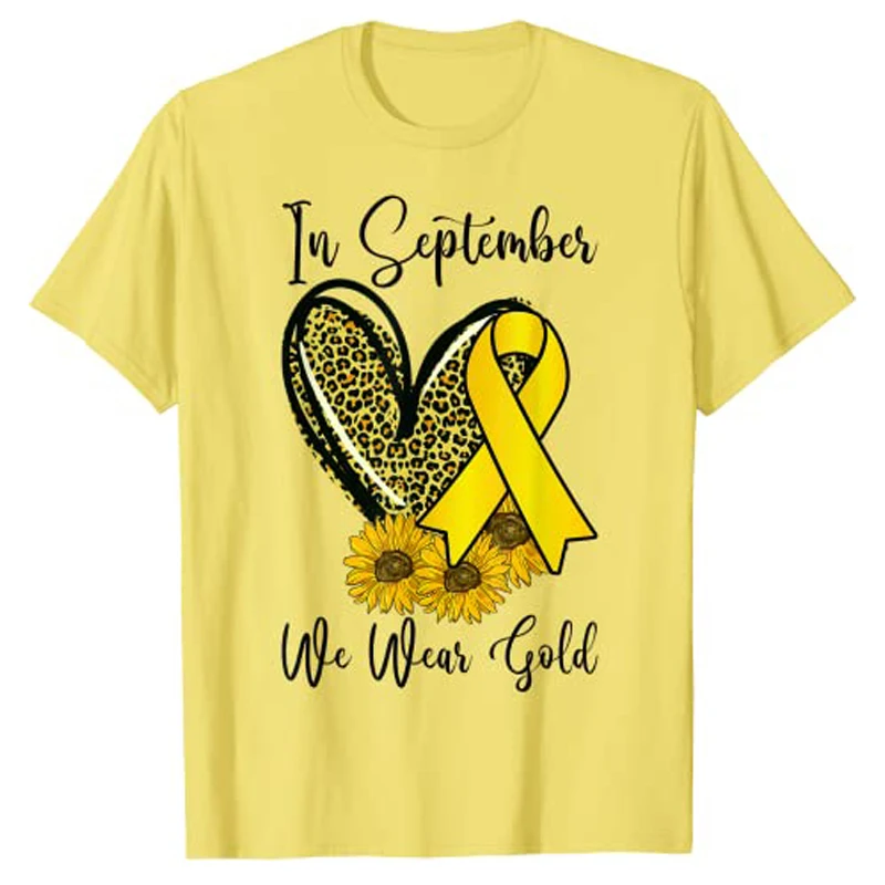 In September We Wear Gold Childhood Cancer Awareness Ribbon T-Shirt Leopart Heart Print Graphic Tee Tops Gifts Streetwear Outfit