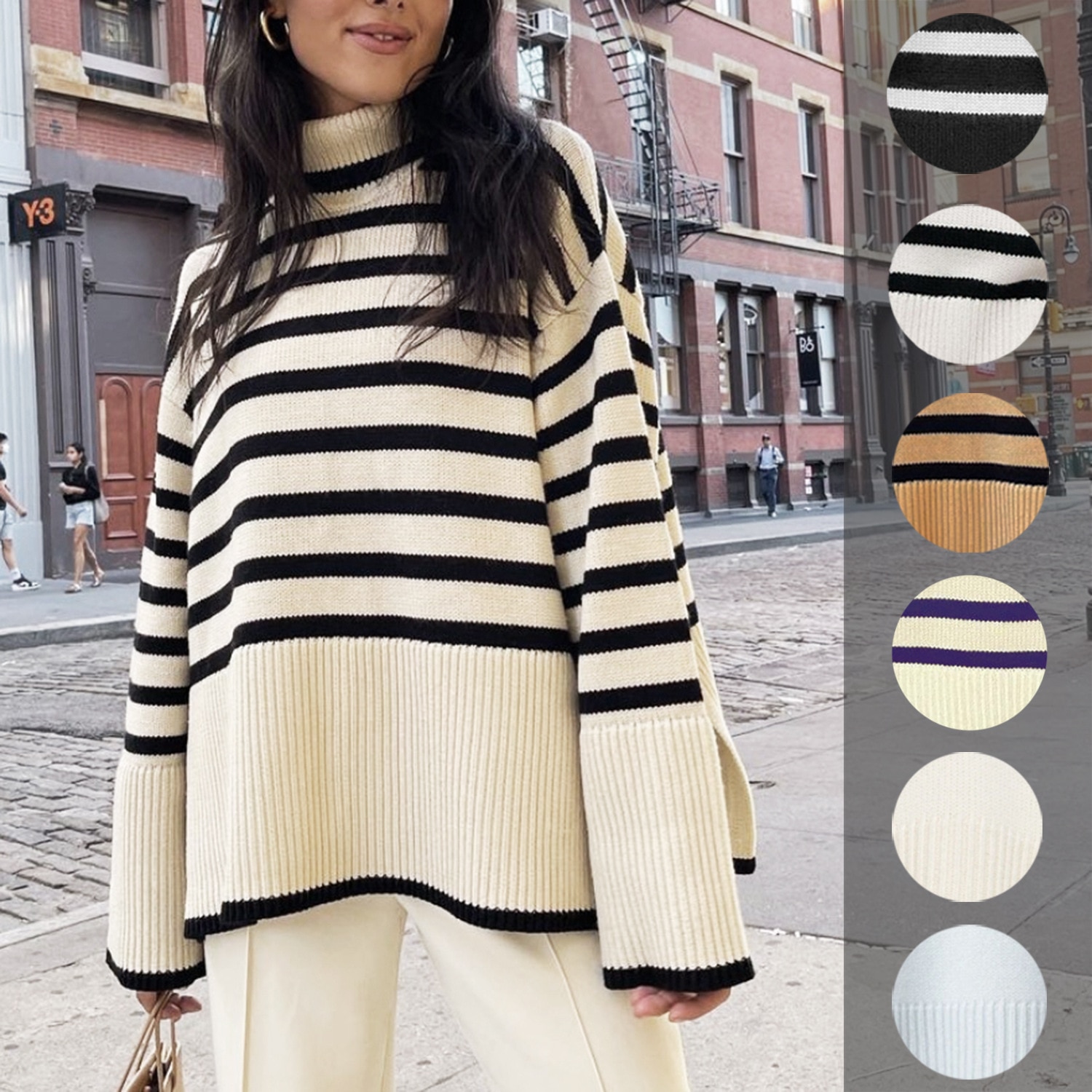 2022 Fashion Stripe Sweater Streetwear Loose Tops Women Pullover Female Jumper Long Sleeve Turtleneck Knitted Ribbed Sweaters