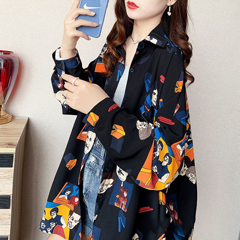 Korean Printed Single-breasted Blouse Long Sleeve Female Fashion Loose Turn-down Collar Thin Casual Shirt Women's Clothing 