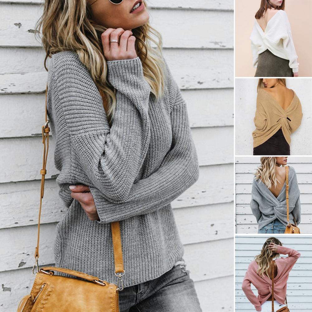 Classic Sweater Jumper Loose Fit Elastic Pullover Sweater Autumn Winter Open Back Knot Blouse Sweater Jumper