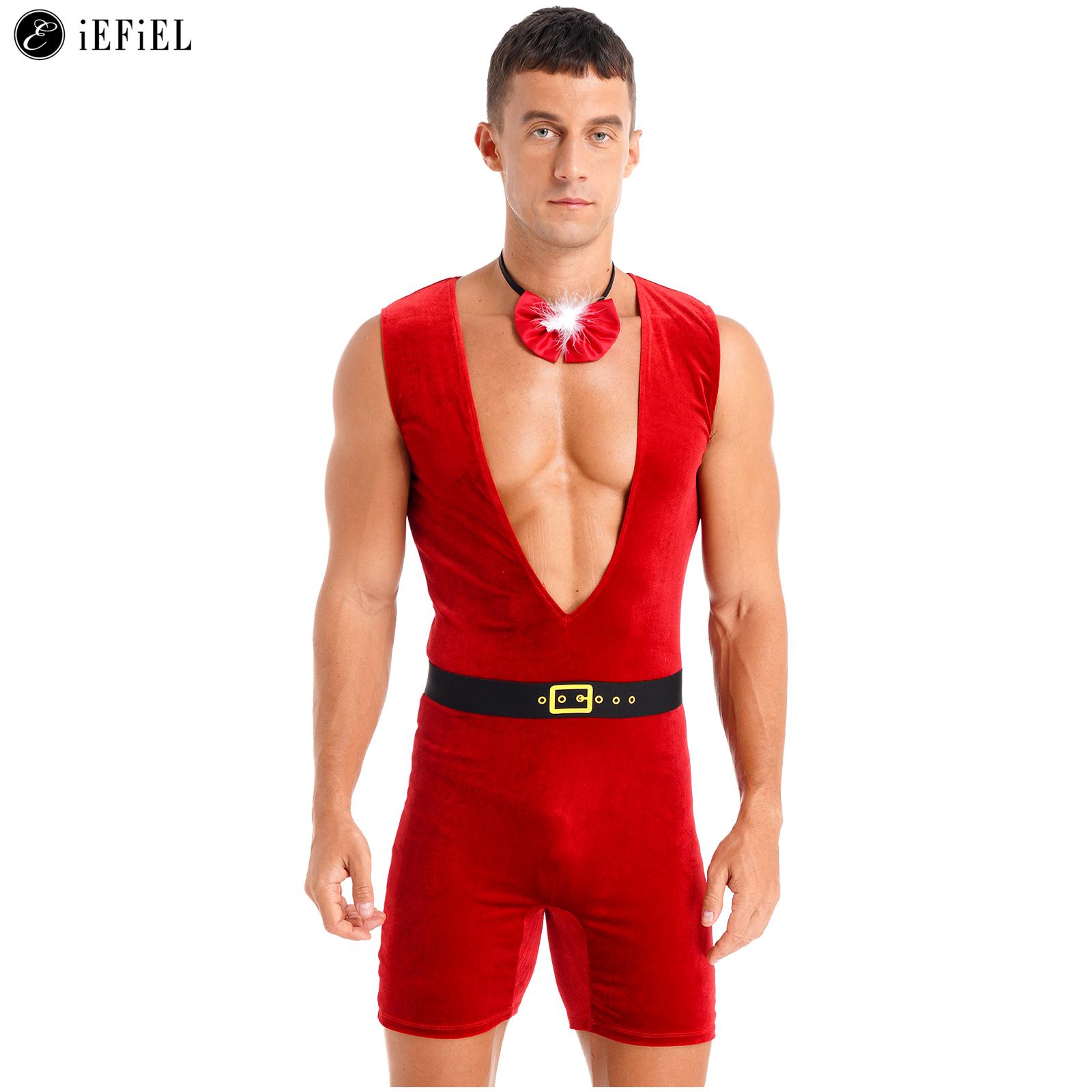 Men's Deep V Neck Bodysuit Jumpsuit Romper with Bowtie Christmas Holiday Party Santa Claus Velvet Sleepwear Pajamas Nightwe