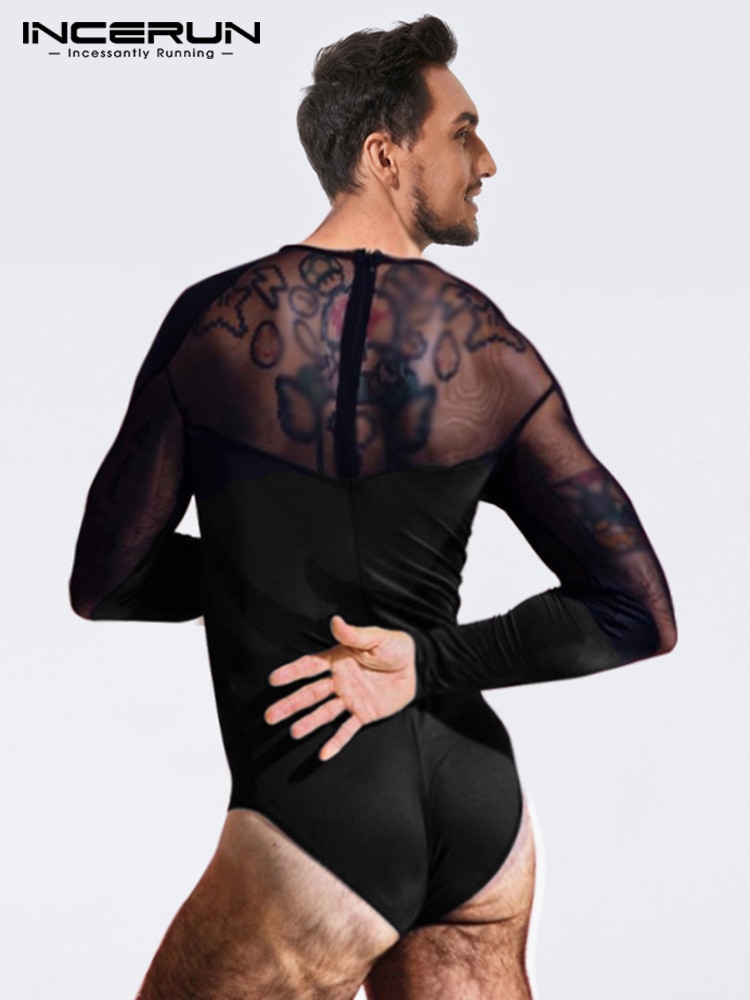 INCERUN Men's Sexy Leisure Stitching Onesies Breathable Mesh Male Solid Color Rompers Hot Sale Long-sleeved Bodysuits S-5XL
