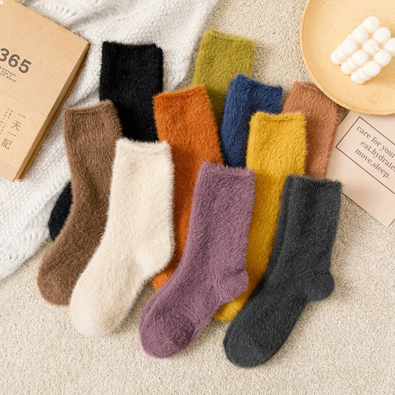 Winter Candy Warm Soft Fluffy Socks Women Velvet Solid Thick Thermal Mink Fur Sock Plush Ladies Home Floor Slipper Sleepping Sox