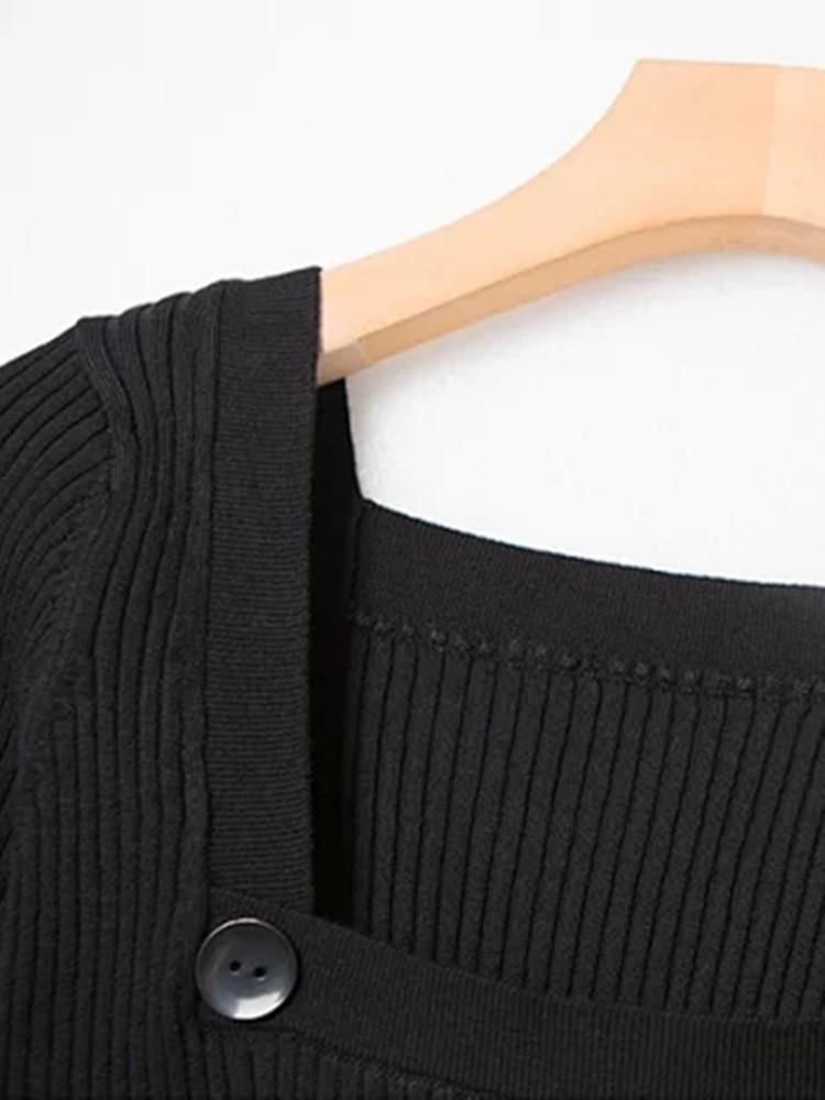 Two-Wear Knit Sweater Women Stretch Rib Commuter White or Black Square Neck Slim Female Knit Pullover