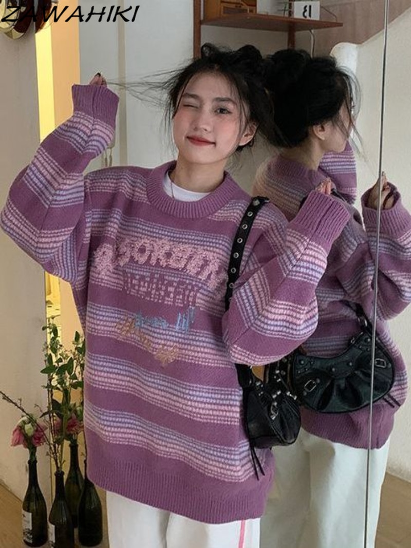 Vintage Knitted Letter Embroidery Sweater Loose O-neck Long Sleeve Jumper Harajuku Striped Knitwear Casual Streetwear Pullovers