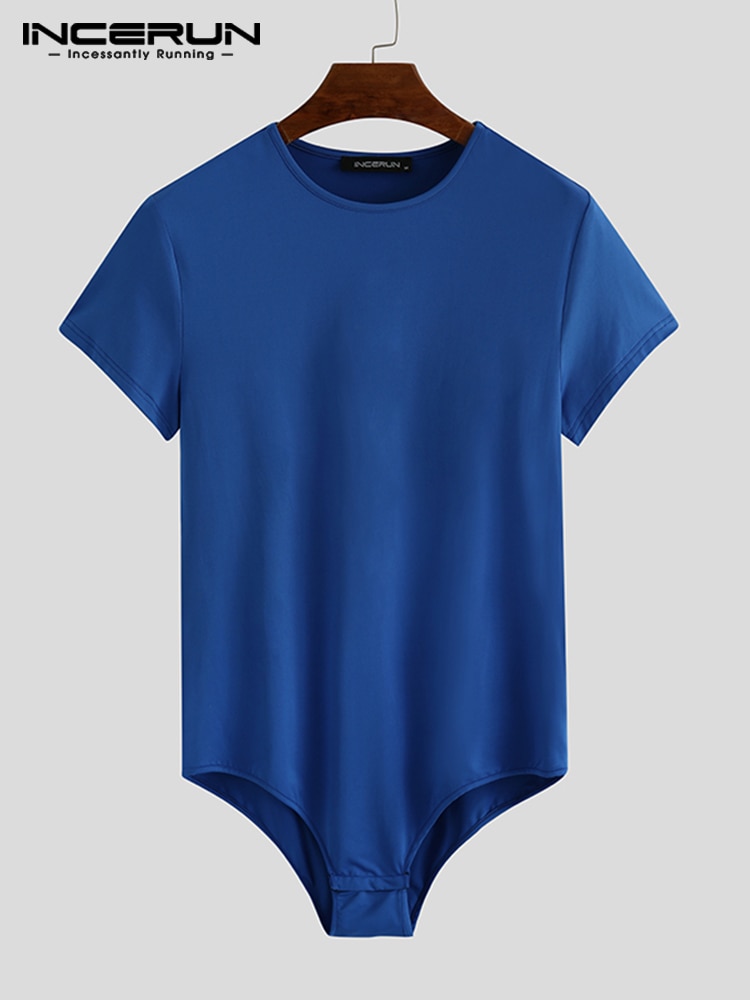 INCERUN Men Bodysuit Solid Color Pajamas Sexy 2022 Breathable Short Sleeve O-neck Rompers Underwear Fitness Men Bodysuits S-5XL