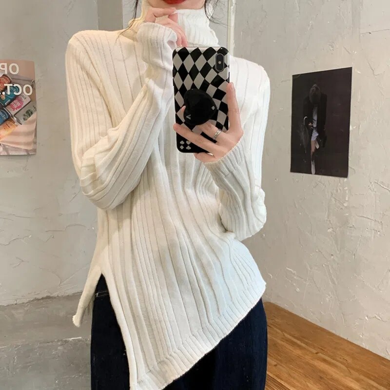 Y2K Women's Turtleneck Sweater Korean Fashion Knit Sweaters Preppy Pullover Tops Side Slit Long Sleeve Basic Knitwear Vinta