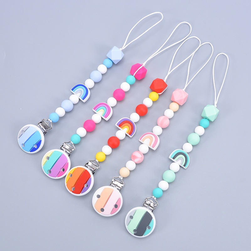 Baby Silicone Pacifier Chain Pacifier Clips Holder Chain Rainbow Silicone Bead Holder Chain Baby Chew beads Birthday Shower Gift