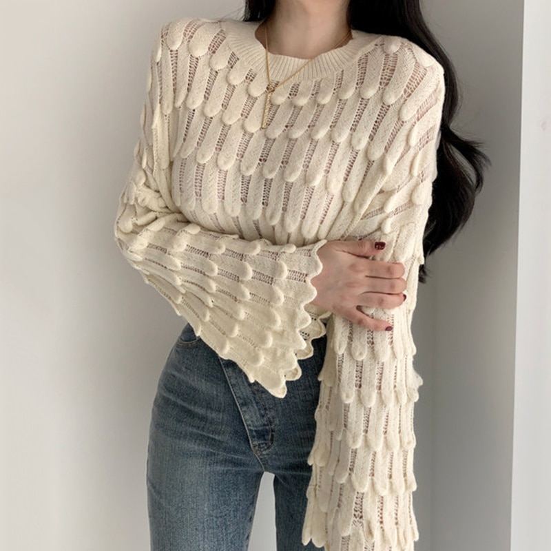 Fashion Solid Color Knitted Pullovers Autumn 2021 New O-neck Loose Long Flare Sleeve Sweater Female Sweet Korean Women's To