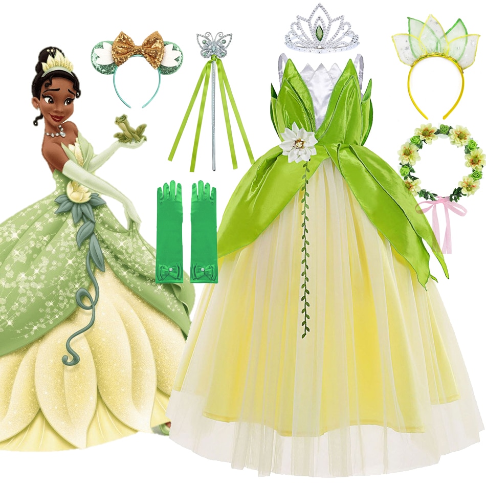 Girls Princess Tiana Dress up Costume Kids Cosplay Princess and The Frog Clothing Child Birthday Party Halloween Fancy Ball Gown