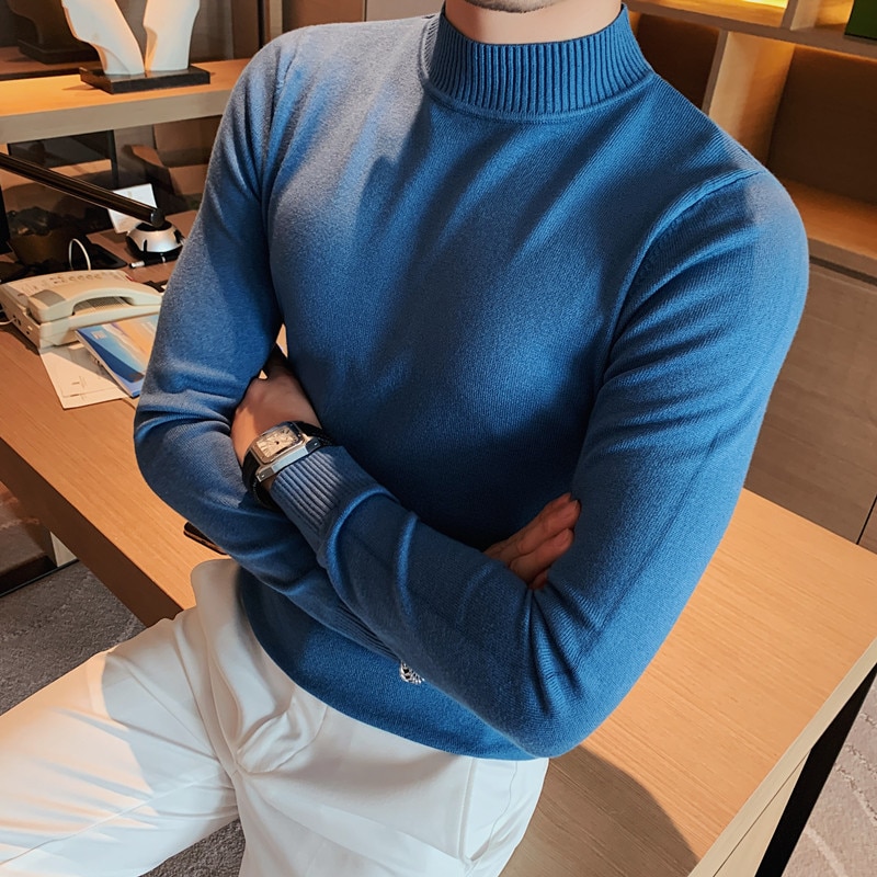 2022 Autumn Winter Half Turtleneck Sweater for Men Solid Color Casual Slim Knitted Pullovers Simple All-match Tops Men Clothing