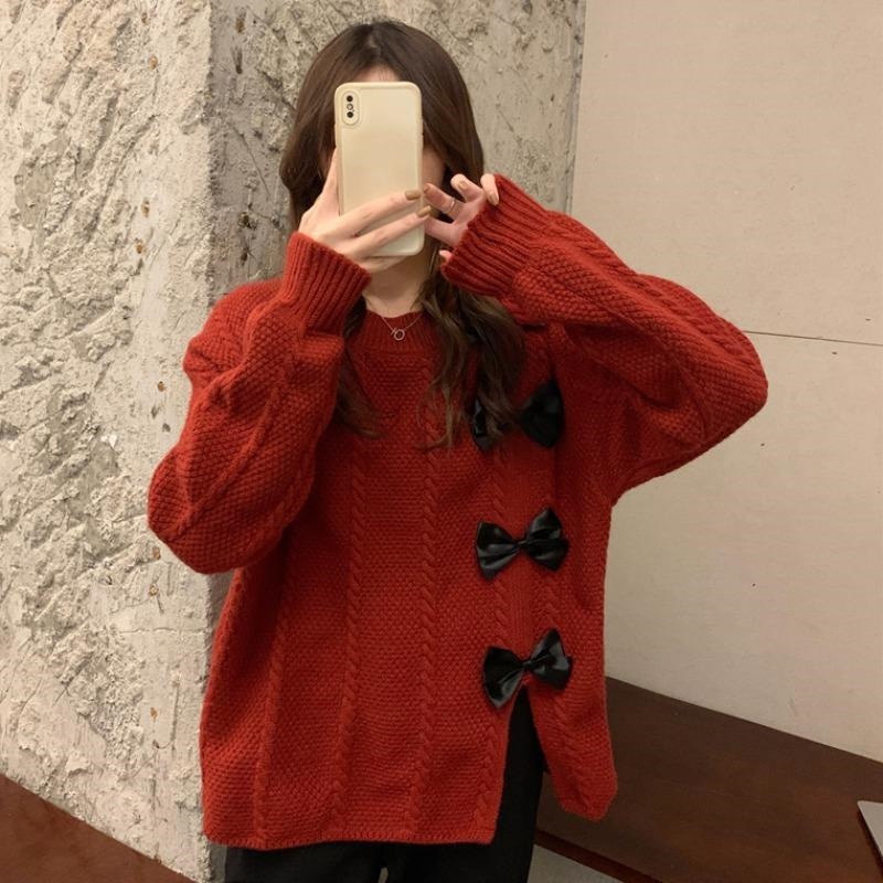 Women Sweater Christmas Bow Red White Black Loose Knitted Sweater Femme Autumn Spring jumper