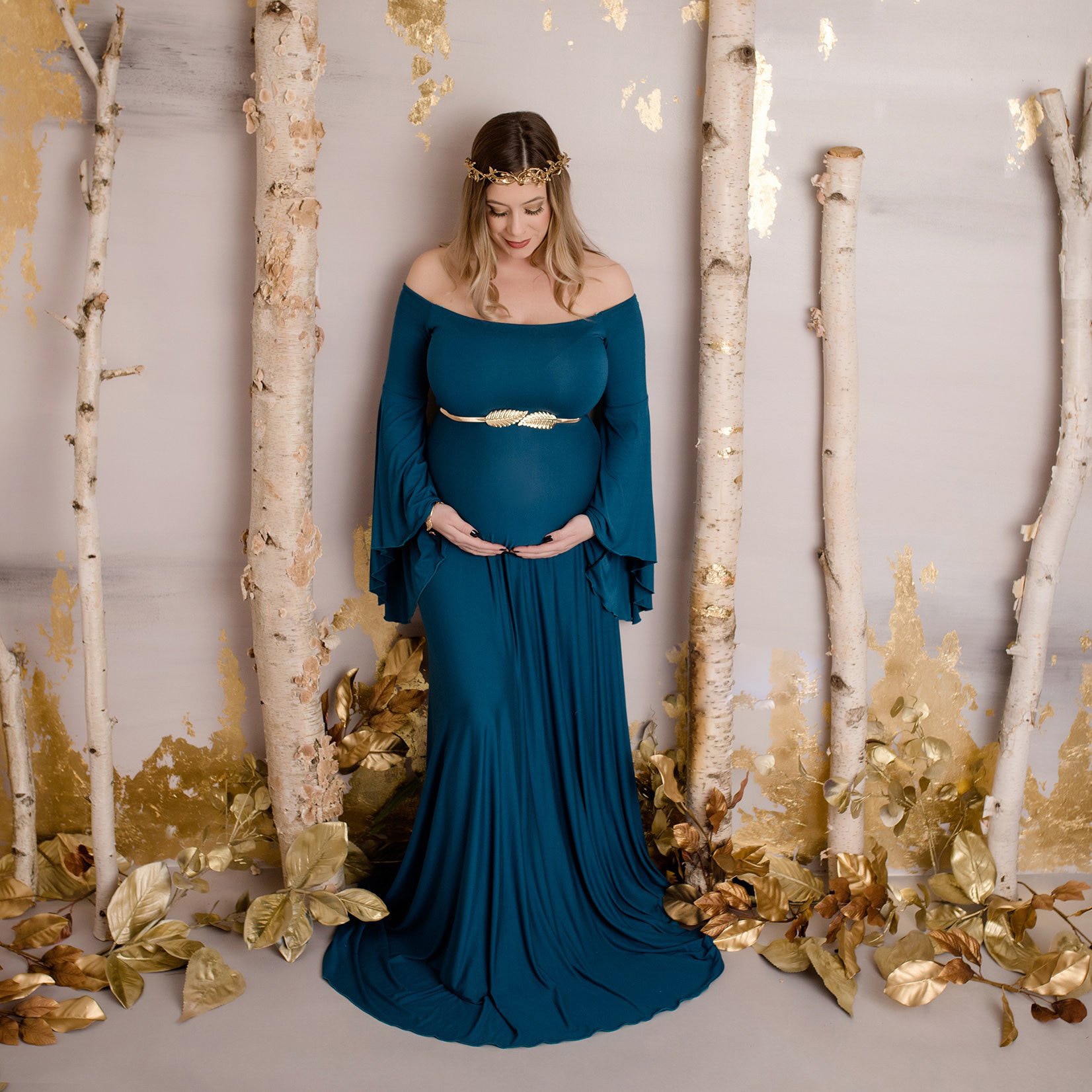 Women's Maternity Off Shoulder Wraped Flare Sleeves Maxi Photography Dress Baby Shower Dress Oversized Photoshoot Pregnant 