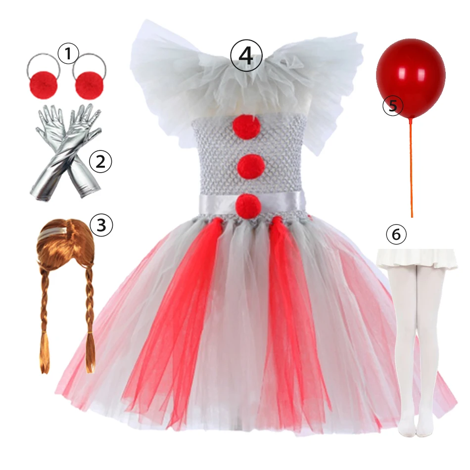 2024 Joker Dress Pennywise Girl Gray Scary Joker Cosplay Tulle Clothes Outfit Fancy Tutu Dress Carnival Masquerade Party Costume