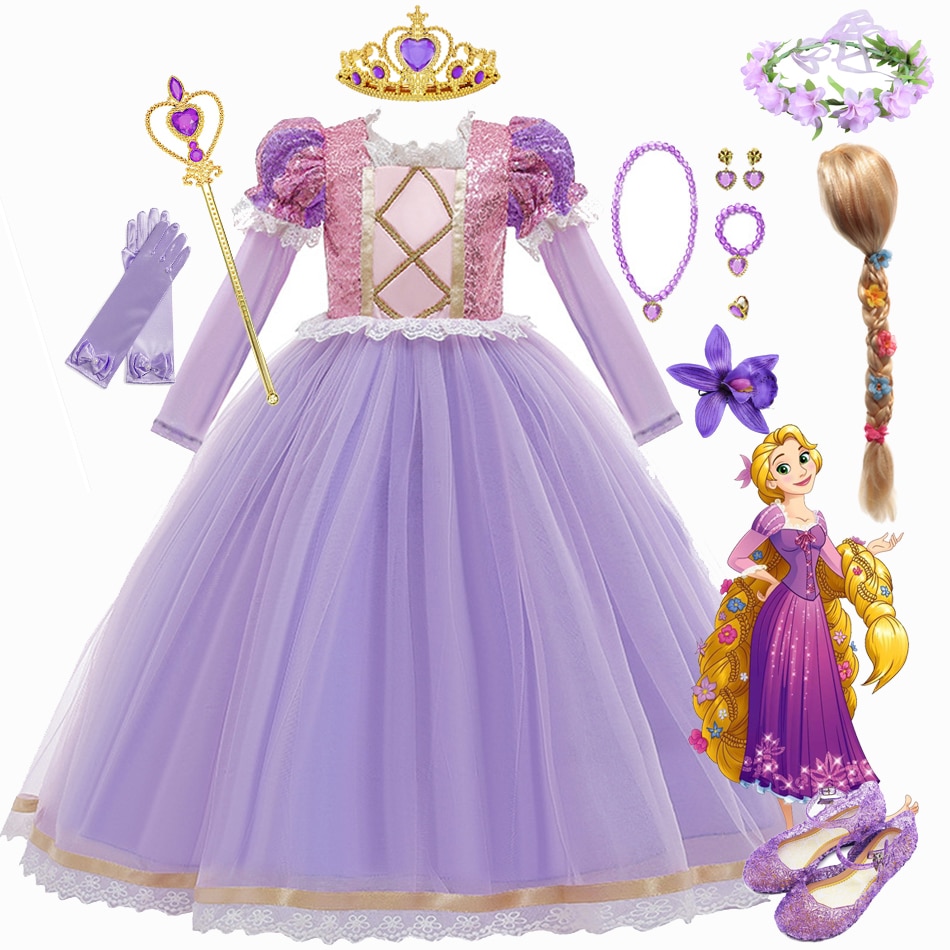 Disney Children Girl Rapunzel Princess Dress Kids Cinderella Ariel Carnival Cosplay Costume Birthday Party Gown Outfit Clothes