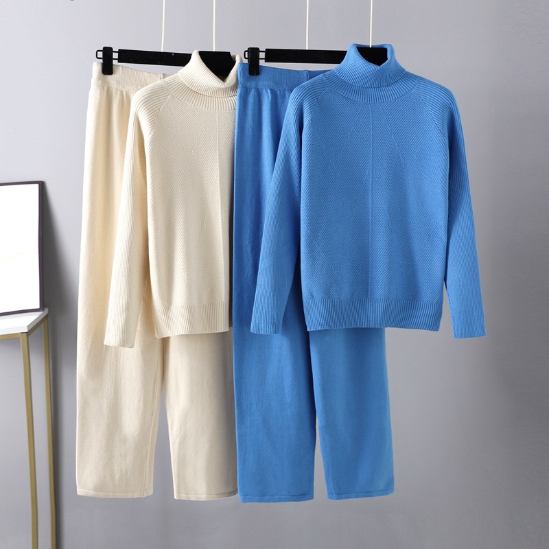 Turtleneck Sweater 2 Pieces Set 2022 Women Chic Knitted Pullover Top + Sweater Pants Jumper Tops+ Trousers Sweater Suits