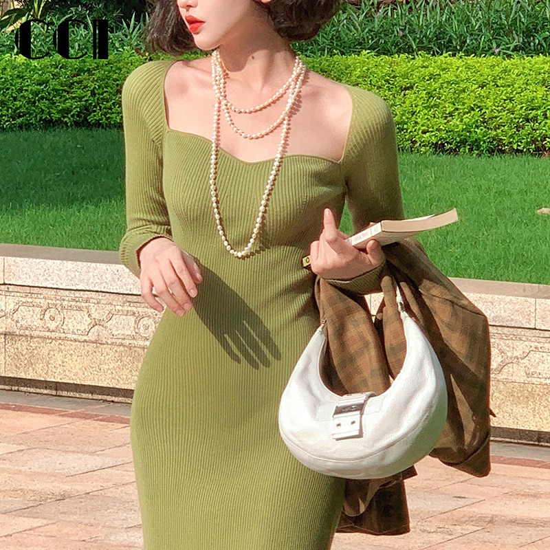 CCI Women Sexy Strapless Ribbed Knitted Bodycon Dress Solid Color Long Sleeved Winter Tight Waist Sweater Midi Dresses WQ005S