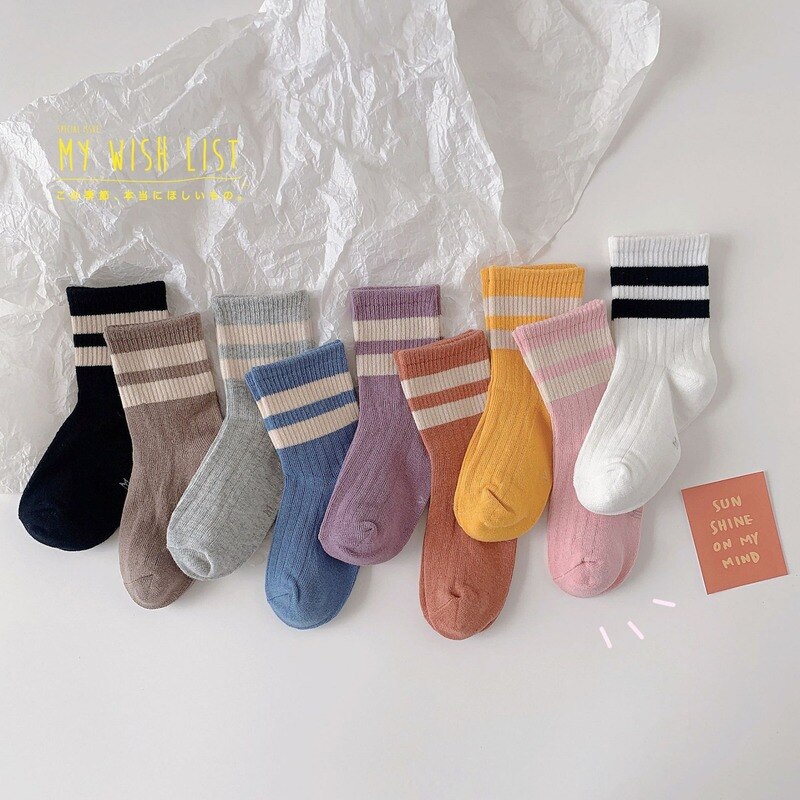 1 Pair Calf Sock for Children Boy Girl Socks Spring Autumn Cotton Socks Solid Color Striped Calf Sock for 1-11 Y Babies Stuff