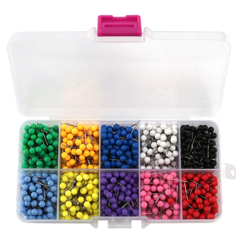 NEW-1000 Pcs Map Tacks Push Pins Plastic Head With Steel Point Cork,Board Safety Colored Thumbtack Office School Supply