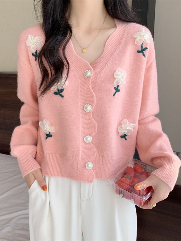 Knitted Cardigans Sweet Embroidered Floral Japan Style Women Loose Sweaters Kawaii V Neck Pink Autumn Winter Knitwears
