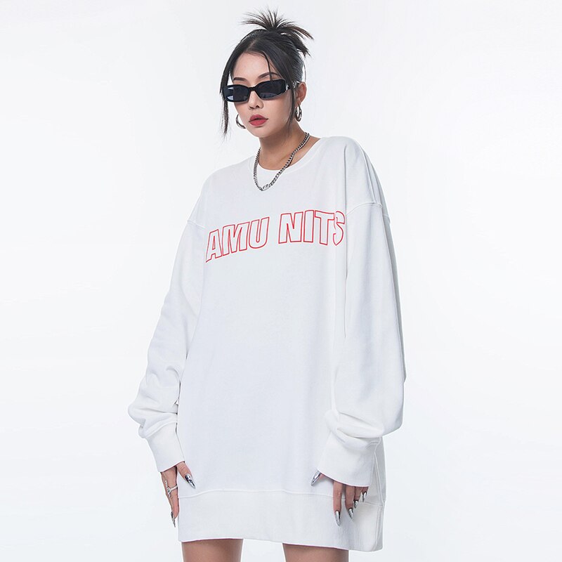 White Sweatshirt Women Crew Neck Letter Print Fashion Hip Hop Oversized Leisure Fleece Loose Winter Long Sleeves Tops Pullover